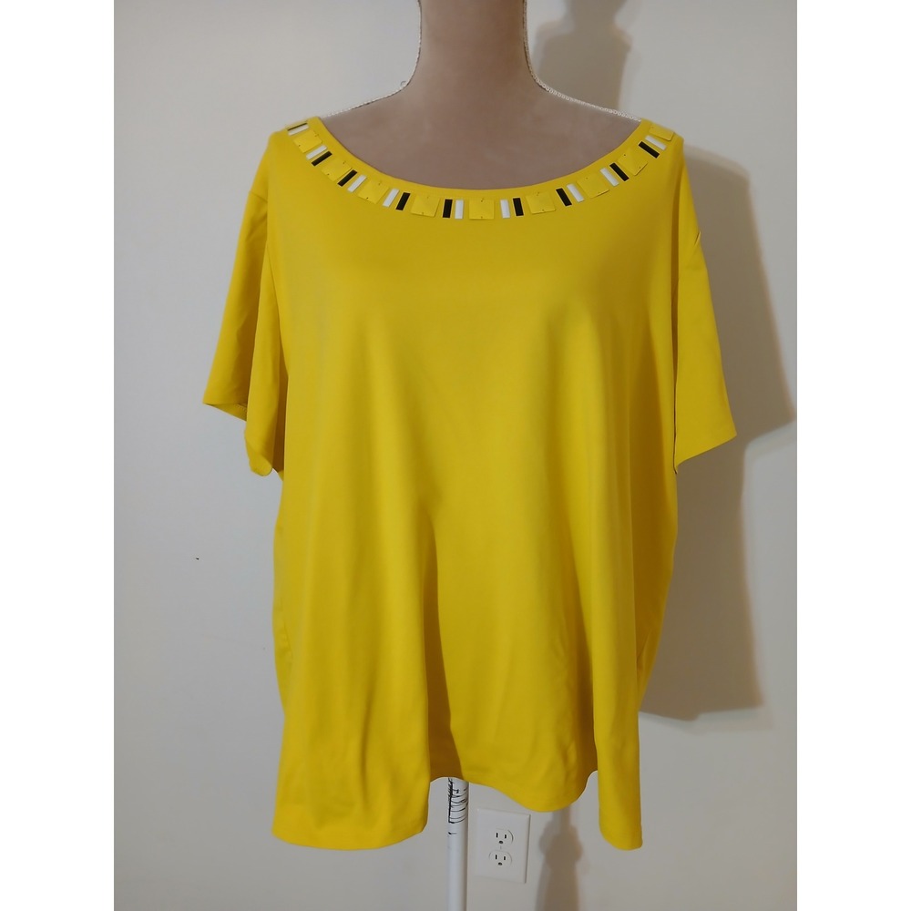 Ruby Rd Womens 3X Yellow Embellished Scoop Neck Short Sleeve Blouse Top